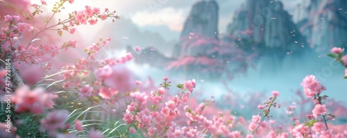 Pink flowers, in surreal 3d landscape, soft and dreamy tones, fairy tale Generative Ai 