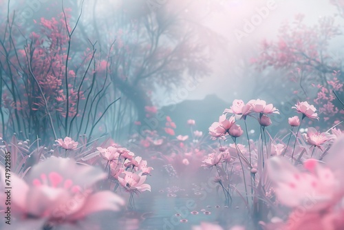 Pink flowers, in surreal 3d landscape, soft and dreamy tones, fairy tale Generative Ai 