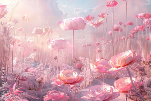 Pink flowers, in surreal 3d landscape, soft and dreamy tones, fairy tale Generative Ai 
