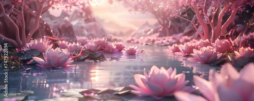 Pink flowers, in surreal 3d landscape, soft and dreamy tones, fairy tale Generative Ai 