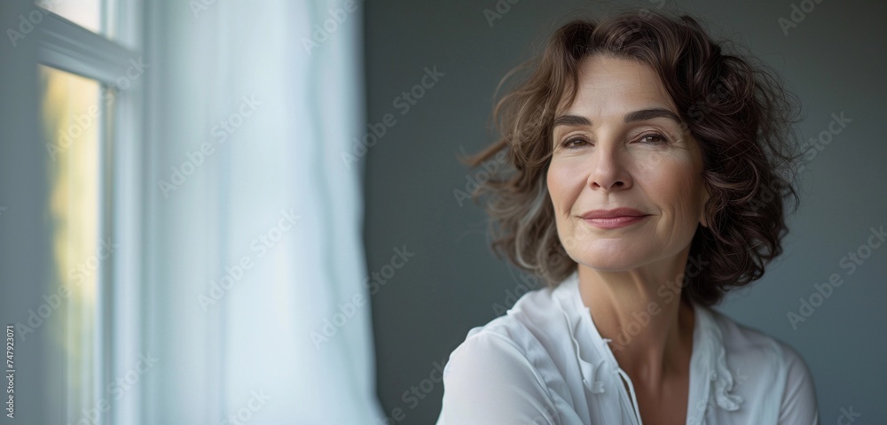 Beautiful elderely woman in stylish outfit, healthy skin and hair. Banner with gorgeous older woman.