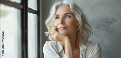 Beautiful elderely woman in stylish outfit, healthy skin and hair, looking out of window. Banner with gorgeous older woman. photo