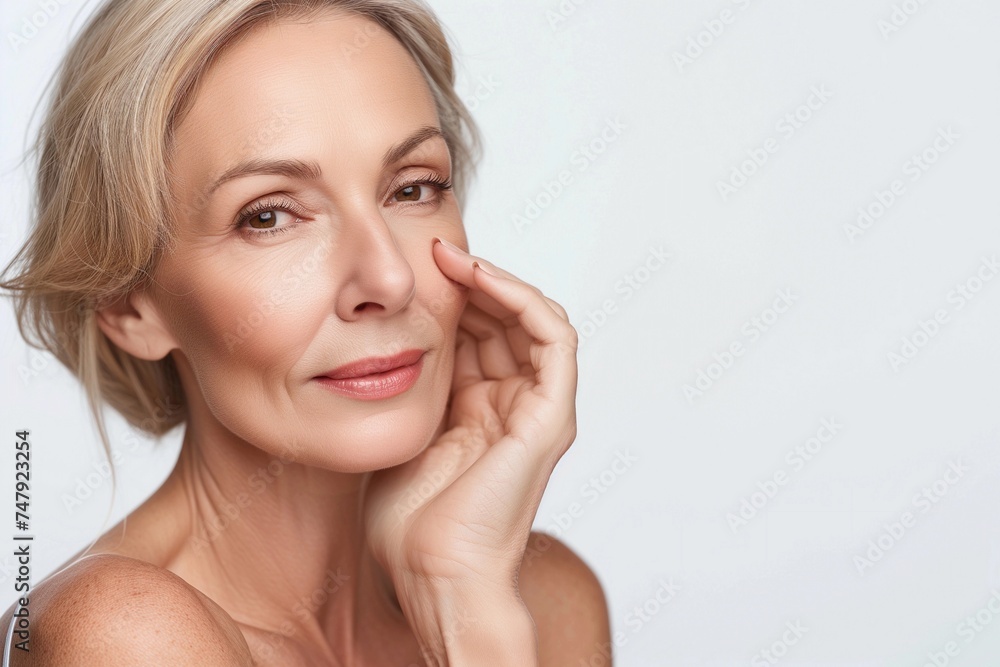 Stunning mature woman with blond hair, looking into the camera, smiling. Beautiful older woman, studio shot. Stunning mature woman with blond hair, looking into the camera, smiling. Beautiful older woman, studio shot.
