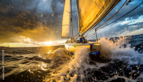 Bottom view of a modern sailing boat braving the waves of a wild stormy sea, in the background dramatic sky with storm clouds at sunrise or sunset. Generative Ai.