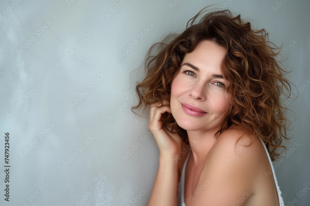 Stunning mature woman with curly hair, looking into the camera, smiling. Beautiful older woman, studio shot. Stunning mature woman with curly hair, looking into the camera, smiling. Beautiful older woman, studio shot.