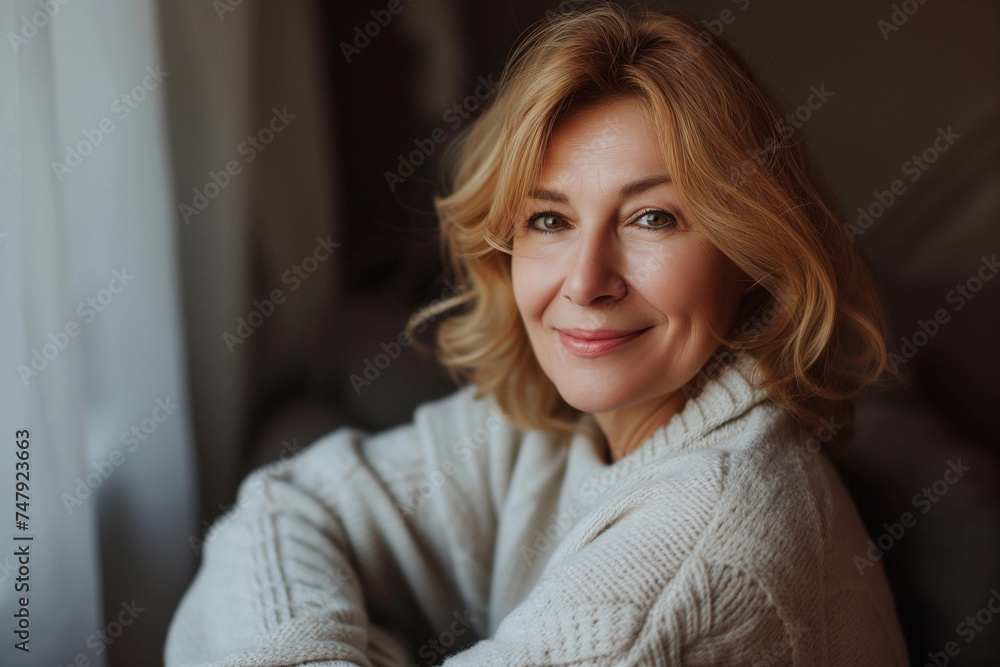 Portrait of a gorgeous elderly, mature woman with thick hair, looking into the camera, smiling. Beautiful older woman in sweater. Portrait of a gorgeous elderly, mature woman with thick hair, looking into the camera, smiling. Beautiful older woman in sweater.
