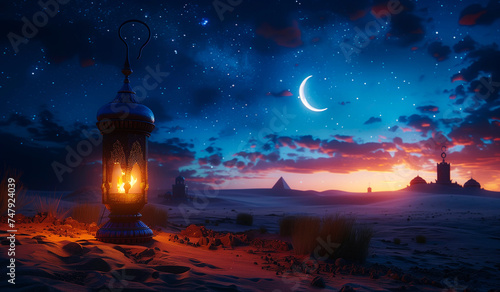 Enchanting Arabian nightscape with illuminated lantern