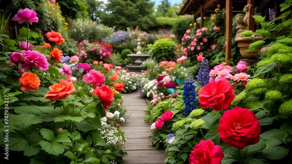 Spring landscape with red and pink flowers, dancing butterflies, in front of the house Seamless looping 4k time-lapse animation video background Spring landscape with red and pink flowers, dancing butterflies, in front of the house Seamless looping 4k time-lapse animation video background
