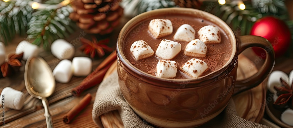 A cup filled with steaming hot chocolate topped with fluffy marshmallows, creating a comforting and indulgent drink. In the background, ingredients like cocoa powder, sugar, and milk can be seen. A cup filled with steaming hot chocolate topped with fluffy marshmallows, creating a comforting and indulgent drink. In the background, ingredients like cocoa powder, sugar, and milk can be seen.