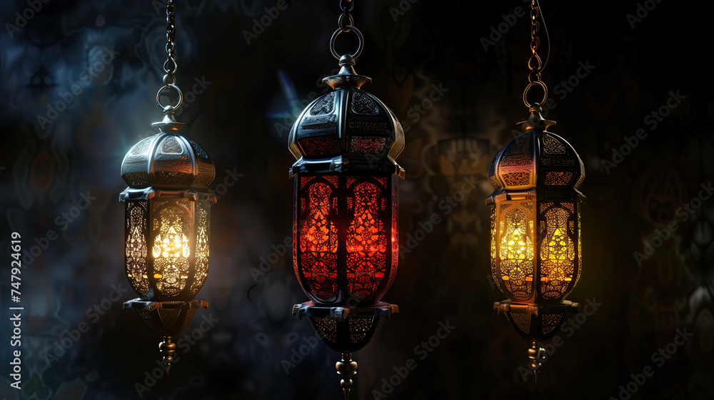 islamic lanterns hanging on dark background. ramadan kareem holiday celebration concept - obrazy, fototapety, plakaty 