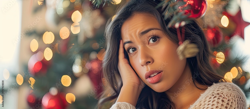 A surprised young Hispanic woman is standing in front of a Christmas tree, holding her head in frustration. She appears to be recalling a mistake, showing forgetfulness or experiencing a bad memory A surprised young Hispanic woman is standing in front of a Christmas tree, holding her head in frustration. She appears to be recalling a mistake, showing forgetfulness or experiencing a bad memory