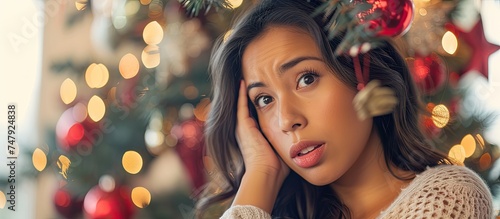 A surprised young Hispanic woman is standing in front of a Christmas tree, holding her head in frustration. She appears to be recalling a mistake, showing forgetfulness or experiencing a bad memory