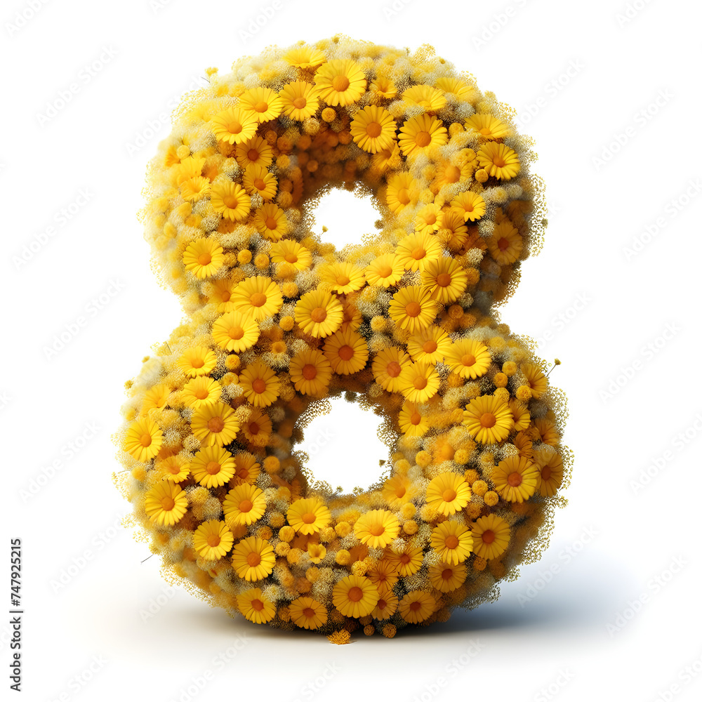 Number 8 is made of real natural Yellow flowers, Isolated on a white background, flower font concept, Creative Numbers Number 8 is made of real natural Yellow flowers, Isolated on a white background, flower font concept, Creative Numbers