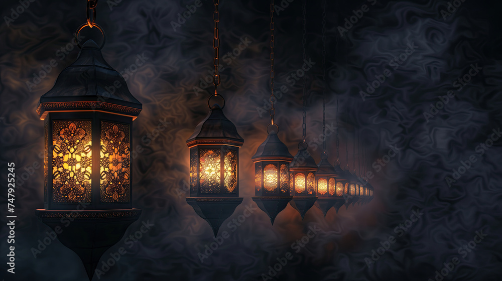 islamic lanterns hanging on dark background. ramadan kareem holiday celebration concept islamic lanterns hanging on dark background. ramadan kareem holiday celebration concept