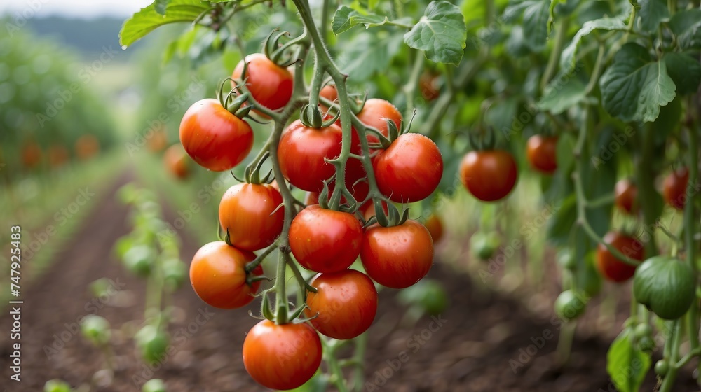 Tomatoes growing on the field. Beautiful summer landscape Tomatoes growing on the field. Beautiful summer landscape