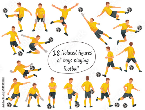 Set of 18 vector isolated teenager figures of junior football players and goalkeepers in yellow sports uniform jumping, running, catching the ball on white background