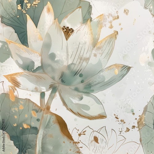 Fototapeta Naklejka Na Ścianę i Meble -  Seamless pattern of watercolor lotus flowers with gold flecks, showcasing delicate pink petals and rich textures. Perfect for art prints, wellness, and beauty themes.