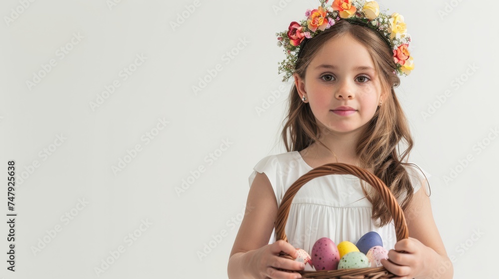 A young girl with curly hair and a floral headband holds a basket of decorated eggs, embodying the spirit of spring and Easter. Ideal for festive content. A young girl with curly hair and a floral headband holds a basket of decorated eggs, embodying the spirit of spring and Easter. Ideal for festive content.