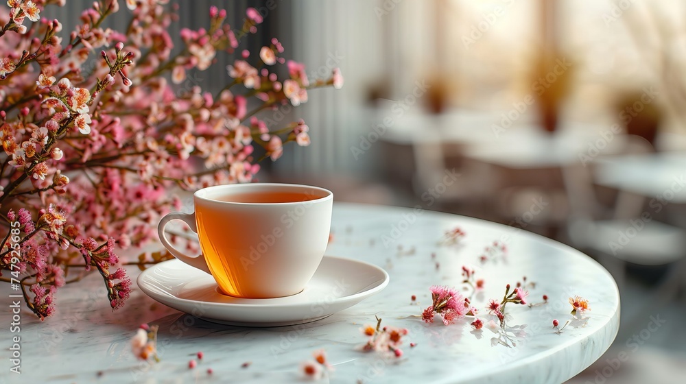 Fototapeta premium Cup of tea and blooming Apple branch on a gray concrete background with copy space. Concept morning Breakfast.