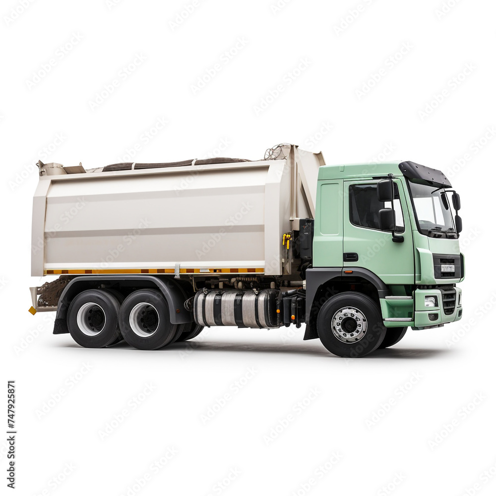 side view perspective Photo image Garbage Truck on a white background сreated with Generative Ai