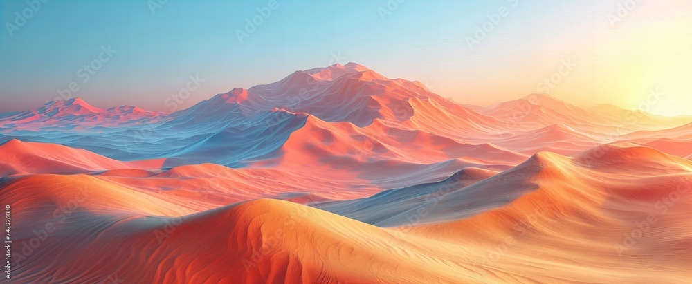 Digital rendering of abstract the sun sets over a desert landscape with sand dunes in the foreground and a mountain range in the distance. background Digital rendering of abstract the sun sets over a desert landscape with sand dunes in the foreground and a mountain range in the distance. background