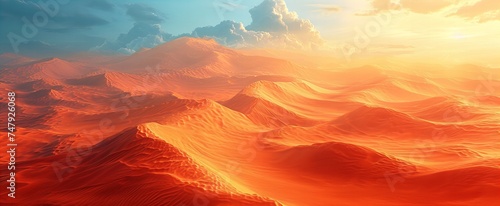 Digital rendering of abstract the sun sets over a desert landscape with sand dunes in the foreground and a mountain range in the distance. background