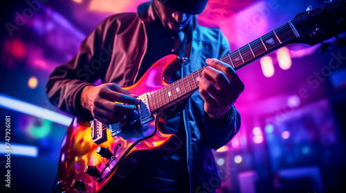 Musician playing electric guitar in vibrant neon lights