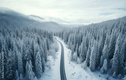 Serene winter wonderland with snowy forest road © thodonal