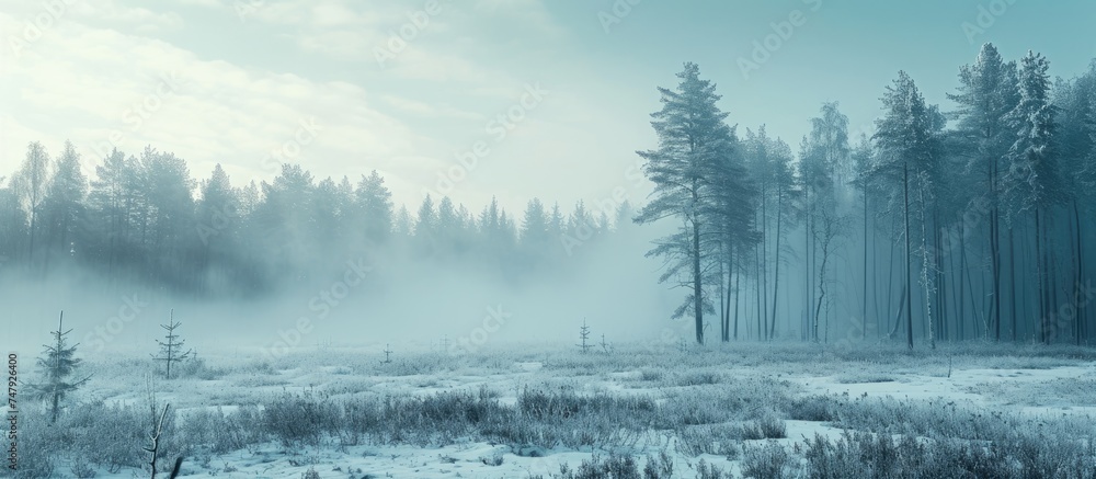 Fototapeta premium A cold winter morning blankets a field with dense fog. Trees emerge from the mist in the background, while grasses in the foreground are shrouded in the icy haze.