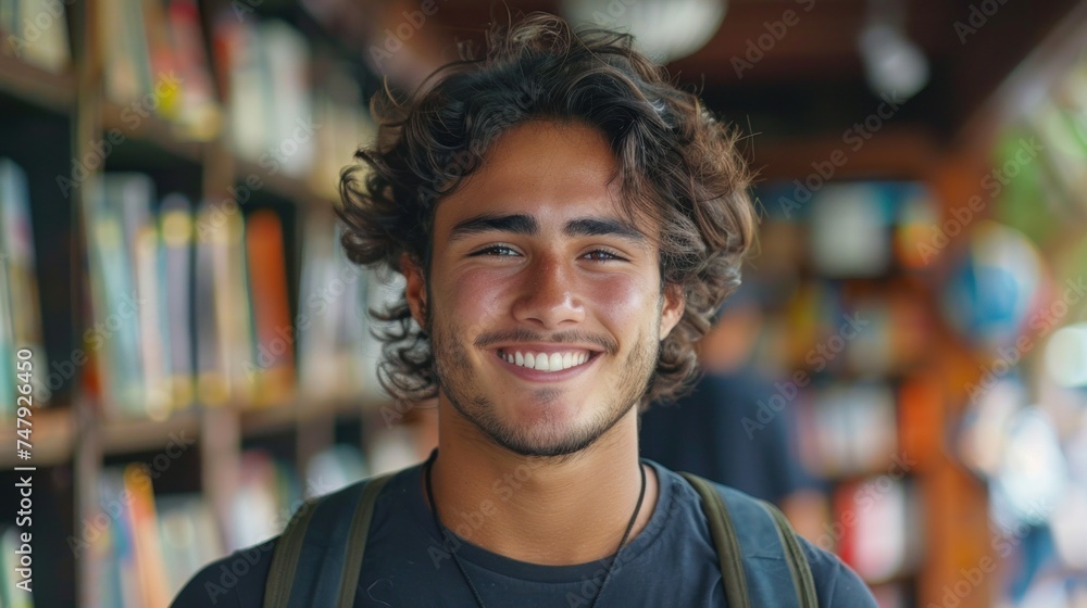 Young man with curly hair smiling wearing a black t-shirt and a necklace standing in front of a bookshelf filled with books. Young man with curly hair smiling wearing a black t-shirt and a necklace standing in front of a bookshelf filled with books.