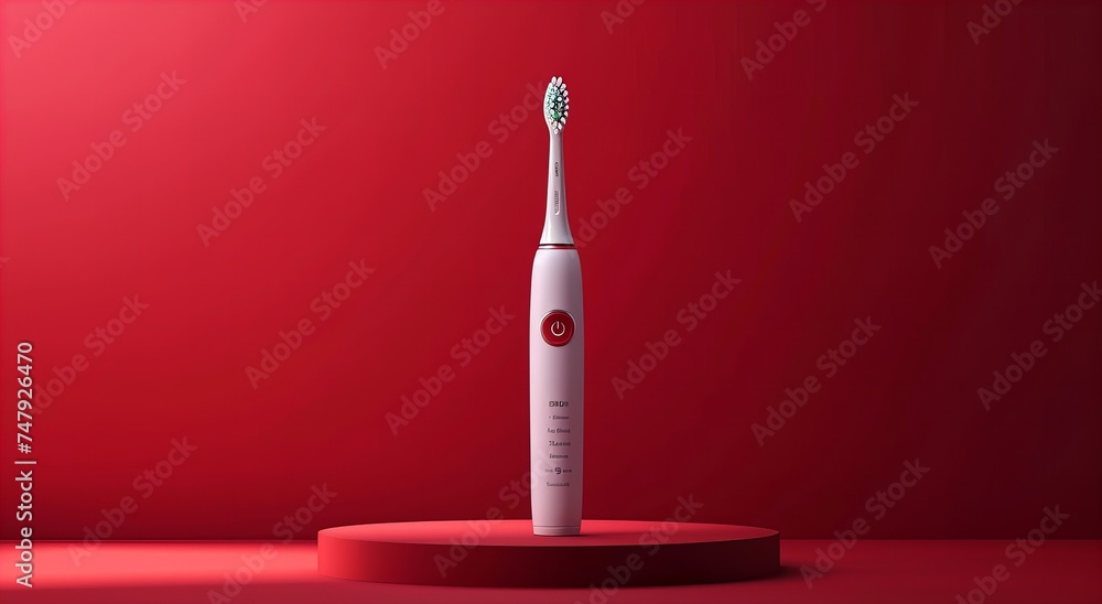 Modern electric toothbrush on red background. Top view. Teeth care. Minimalism Modern electric toothbrush on red background. Top view. Teeth care. Minimalism