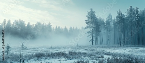 A cold winter morning blankets a field with dense fog. Trees emerge from the mist in the background, while grasses in the foreground are shrouded in the icy haze.