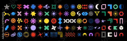 Set of geometric aesthetic shapes and collection of y2k psychedelic elements.90-2000s. Neon vibrant color. Groovy trendy design. Acid figures. Stickers patch. Elements for collage, poster, flyer, web