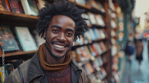 Smiling man with curly hair wearing a brown scarf and jacket standing in front of a bookshelf filled with books in a bookstore.