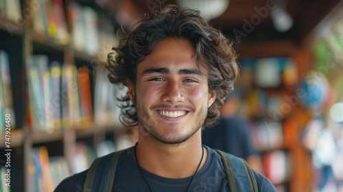 Young man with curly hair smiling wearing a black t-shirt and a necklace standing in front of a bookshelf filled with books.