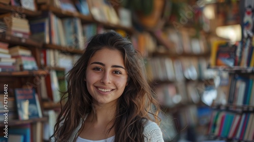A young woman with long brown hair smiling at the camera standing in front of a bookshelf filled with books.