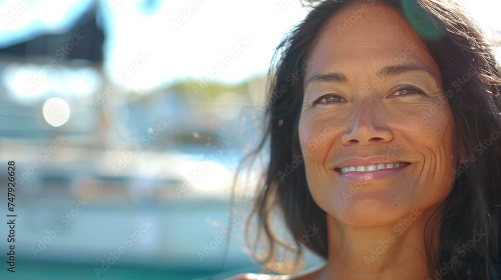 Smiling woman with long dark hair standing near a boat on a sunny day with a blurred background of water and boats. Smiling woman with long dark hair standing near a boat on a sunny day with a blurred background of water and boats.