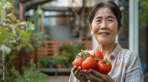 A smiling elderly woman proudly holding a bunch of ripe red tomatoes.
