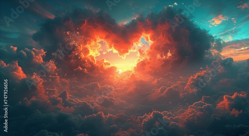 Heart shaped clouds at sunset. Beautiful love background with copy space.Valentine's Day concept