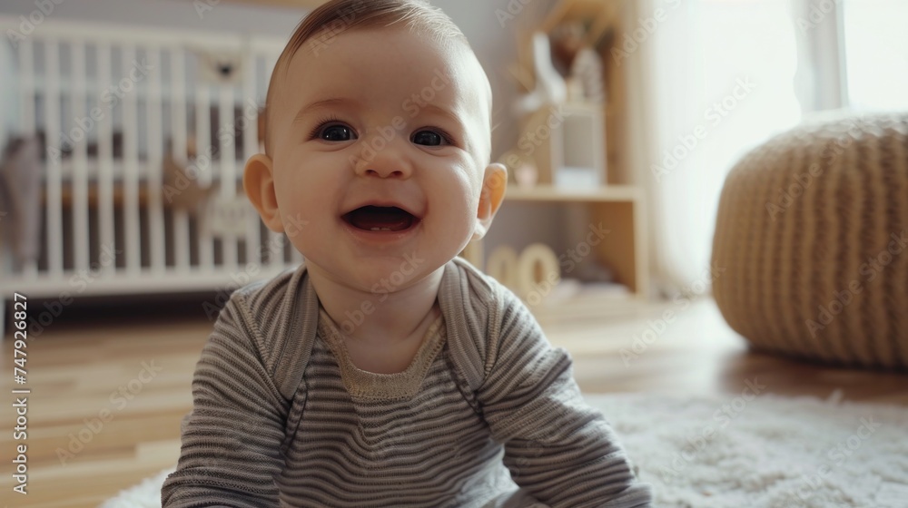 A joyful baby with a radiant smile sitting on a soft rug in a cozy room with a crib and toys in the background.