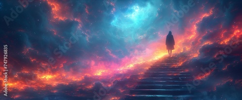 Psychedelic journey woman stair road to the dream background