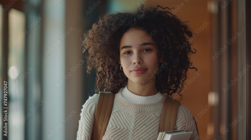 Fototapeta premium Young woman with curly hair wearing a white sweater carrying a brown backpack and holding a book standing in a brightly lit room with a blurred background.