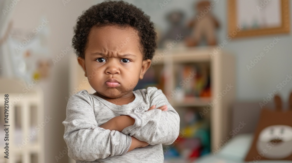 A young child with a frowning expression arms crossed standing in a nursery with a bookshelf in the background. A young child with a frowning expression arms crossed standing in a nursery with a bookshelf in the background.