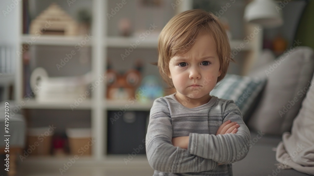 A young child with a frown arms crossed standing in a cozy room with a bookshelf and a couch in the background.