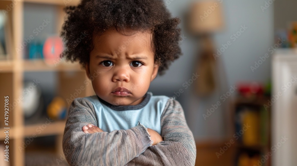 A young child with curly hair wearing a blue shirt standing in a room with a concerned or frowning expression arms crossed. A young child with curly hair wearing a blue shirt standing in a room with a concerned or frowning expression arms crossed.