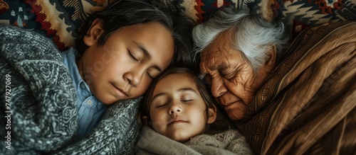 An elderly woman and a child are peacefully sleeping side by side in a heartwarming painting, capturing the essence of family bonds and generational relationships.