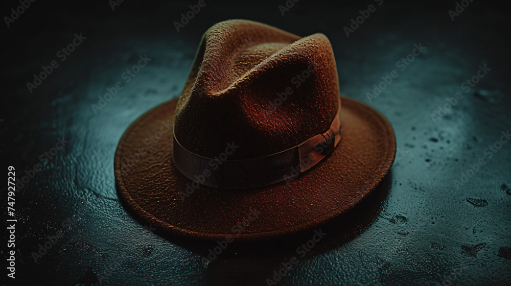 Elegant brown fedora hat showcased on a dark surf. - obrazy, fototapety, plakaty 