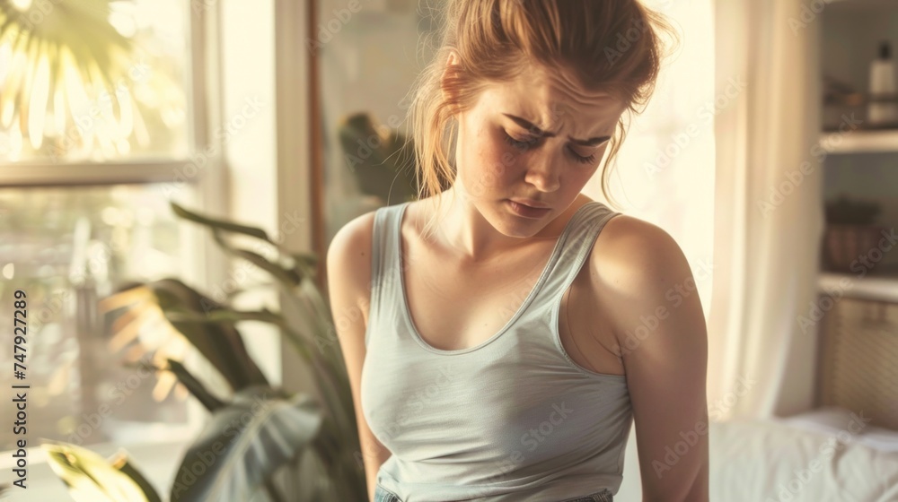 Young woman with a concerned expression standing in a brightly lit room with a window and a plant wearing a light-colored tank top. Young woman with a concerned expression standing in a brightly lit room with a window and a plant wearing a light-colored tank top.