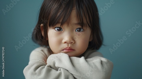 Young child with dark hair looking contemplative with hands clasped together wearing a light-colored sweater against a blue background.