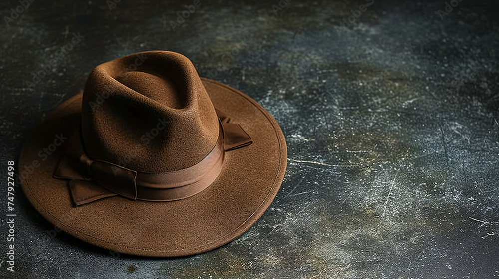 Elegant brown fedora hat showcased on a dark surf. - obrazy, fototapety, plakaty 